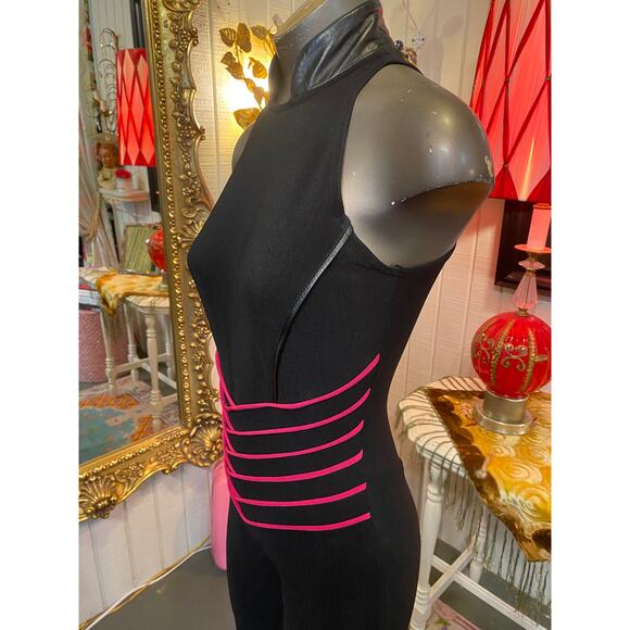 vintage 1980s black stretch jumpsuit and cropped jacket magenta chevron club xs - Picture 7 of 11